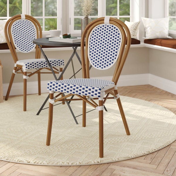 Flash Furniture Lourdes Thonet French Bistro Stacking Chair, White and Navy PE Rattan and Bamboo Print Alum Frame SDA-AD642002S-WHNVY-NAT-GG - main